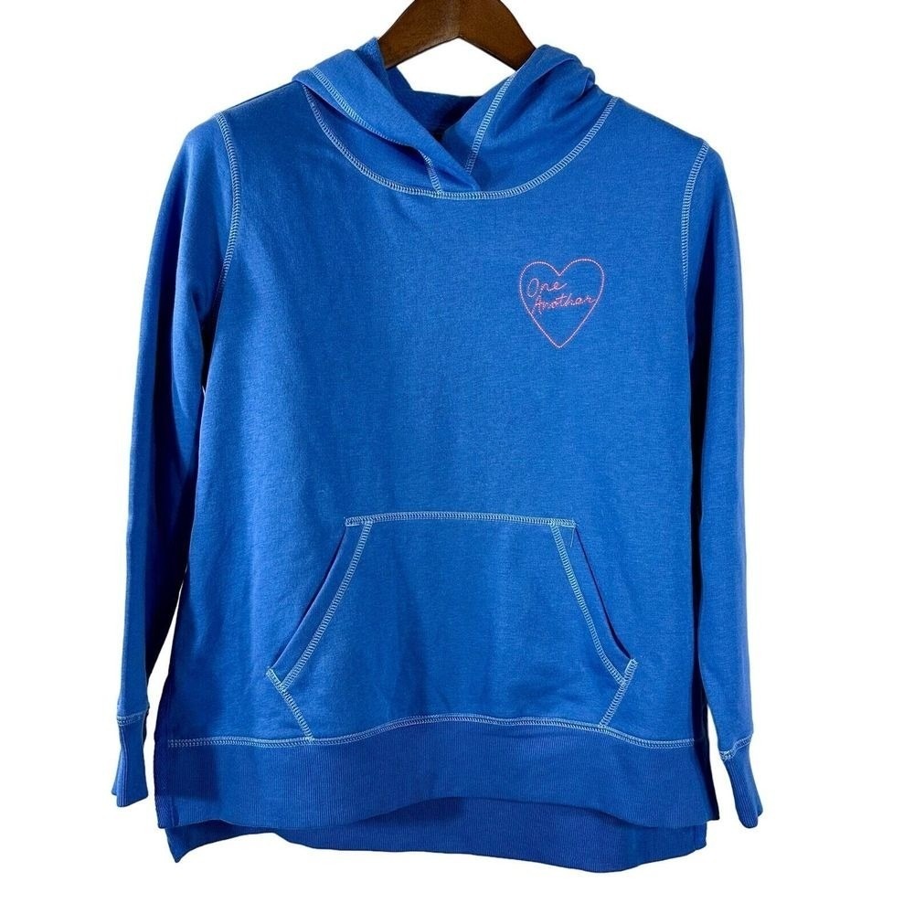 Old Navy Womens XS Blue Heart One Another Graphic Pullover Hoodie Sweatshirt